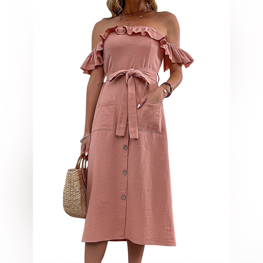 Chic Off-Shoulder Midi Dress in Pink